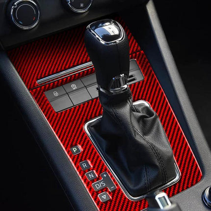 Skoda Octavia Gear Shift Panel Trim Sticker for Left Hand Drive in red carbon fiber finish installed on gear console, self-adhesive, 2017-2021 LHD