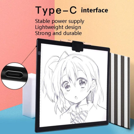 A3 Size LED Tracing Light Box for Calligraphy, Animation, and Design Work showing Type-C port, adjustable brightness and anime sketch on panel