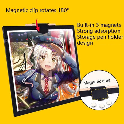 A3 Size LED Tracing Light Box for Calligraphy, Animation, and Design Work showing magnetic clip, built-in magnets and pen holder