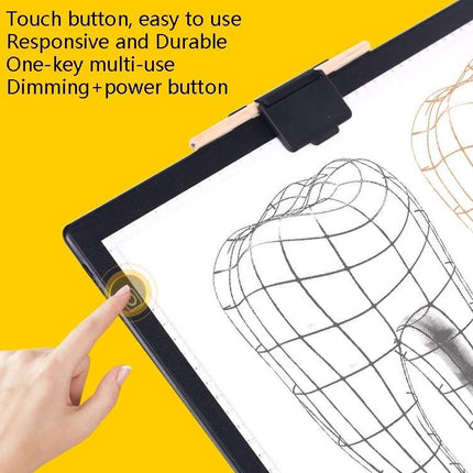 A3 Size LED Tracing Light Box for Calligraphy, Animation, and Design Work - touch button dimming panel showing sketch and finger control