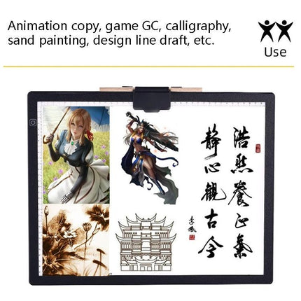 A3 Size LED Tracing Light Box for Calligraphy, Animation, and Design Work showing sample sketches, calligraphy and character art