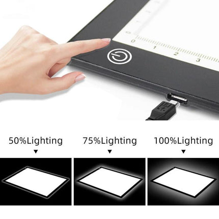 A4 Black LED Copy Board with Stepless Dimming for Drawing showing touch power button and USB power with 50% 75% 100% lighting demo