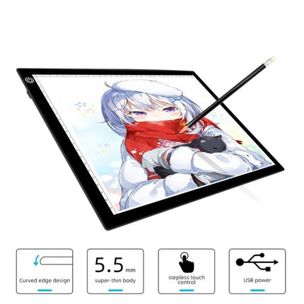 A4 Black LED Copy Board with Stepless Dimming for Drawing showing artist tracing anime illustration on super-thin light pad, stepless touch dimming and USB powered