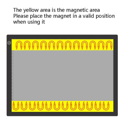 A4 Black LED Copy Board with Stepless Dimming for Drawing showing yellow magnetic areas at top and bottom with instruction text