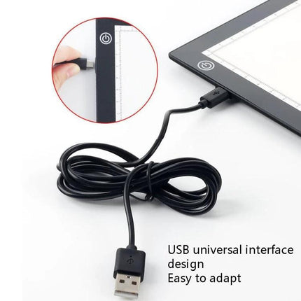 A4 Black LED Copy Board with Stepless Dimming for Drawing showing USB power cable and ruler edge for tracing