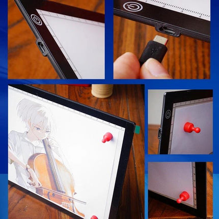 A4 Black LED Copy Board with Stepless Dimming for Drawing showing LED lighted tracing board, USB-C power port, ruler edges and paper pinned for sketching