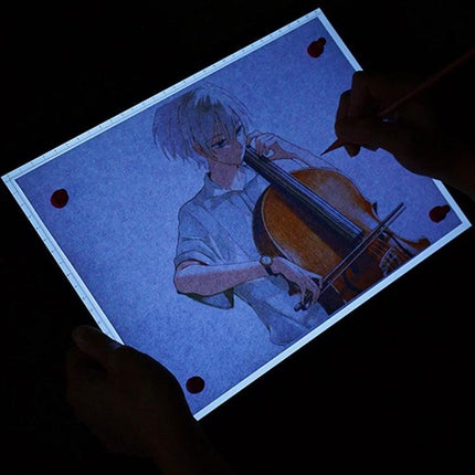A4 Black LED Copy Board with Stepless Dimming for Drawing shown illuminating an anime cello illustration for tracing and sketching