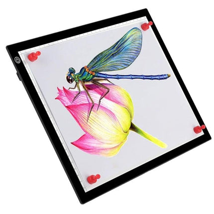 A4 Black LED Copy Board with Stepless Dimming for Drawing showing a lit A4 tracing board with dragonfly sketch and adjustable brightness