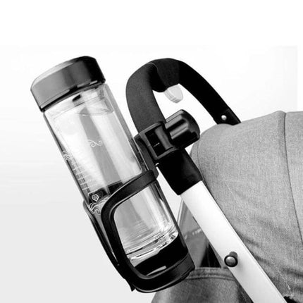 Stroller Cup Holder And Bottle Rack With 360 Degree Adjustability attached to stroller frame holding water bottle, lightweight compact 14x7cm