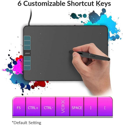 VEIKK VK640 Compact Drawing Tablet for Digital Artists showing pen, six customizable shortcut keys and splash color accents