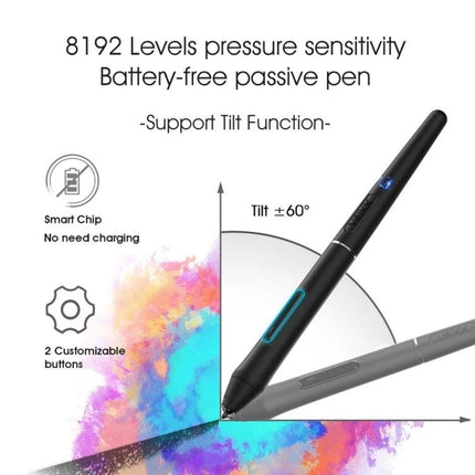 VEIKK VK640 Compact Drawing Tablet for Digital Artists showing battery-free pen with 8192 pressure levels and tilt ±60°