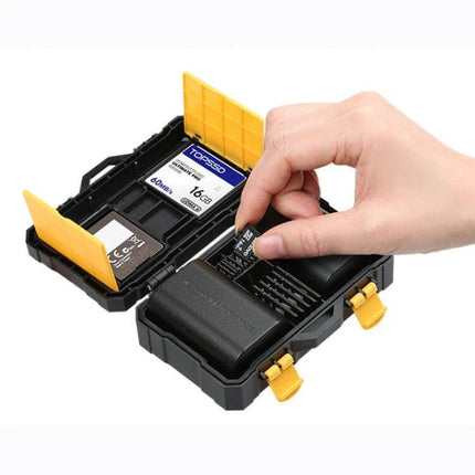 Durable Protective Storage Box for Camera Batteries and Cards holding batteries and SD cards, hand inserting card into organized protective case