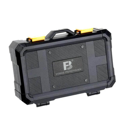 Durable Protective Storage Box for Camera Batteries and Cards in rugged black case with handle and latches