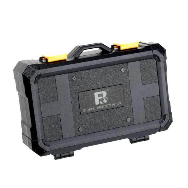 Durable Protective Storage Box for Camera Batteries and Cards in rugged black case with handle and latches