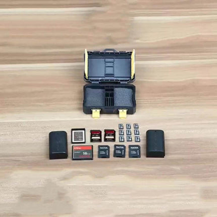 Durable Protective Storage Box for Camera Batteries and Cards with organized batteries, SD cards and foam inserts for travel protection