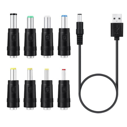 Versatile USB Charging Cable with Multiple Interchangeable Plugs showing USB cable and eight color‑tipped interchangeable connector heads