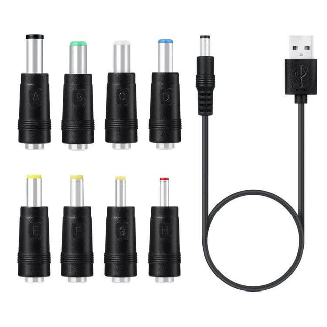 Versatile USB Charging Cable with Multiple Interchangeable Plugs showing USB cable and eight color‑tipped interchangeable connector heads