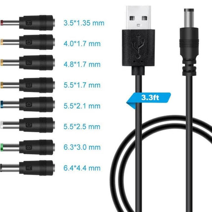 Versatile USB Charging Cable with Multiple Interchangeable Plugs showing USB-A cable and 8 interchangeable barrel plug sizes (3.3ft)