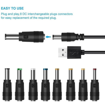 Versatile USB Charging Cable with Multiple Interchangeable Plugs showing USB-A cable and 8 labeled DC interchangeable plugs for travel and home use