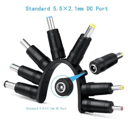 Versatile USB Charging Cable with Multiple Interchangeable Plugs showing assorted 5.5x2.1mm DC connector adapters fanned display