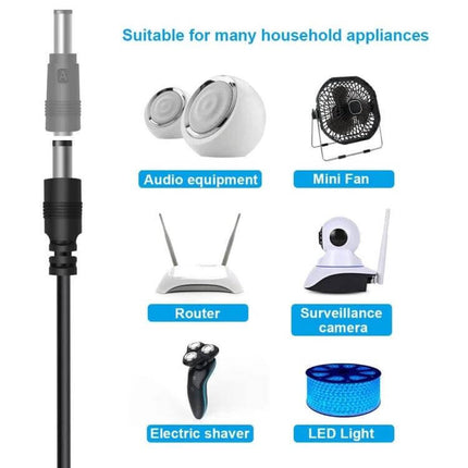 Versatile USB Charging Cable with Multiple Interchangeable Plugs showing interchangeable plugs and compatible devices like router, LED light, mini fan