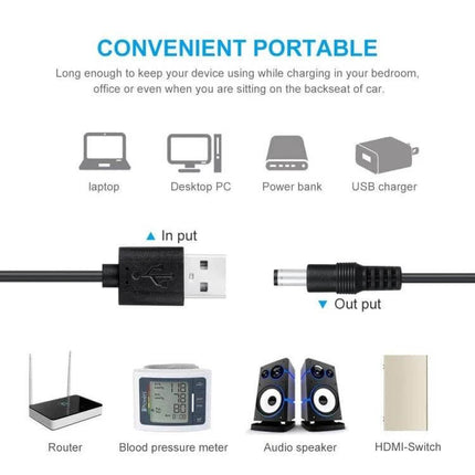 Versatile USB Charging Cable with Multiple Interchangeable Plugs showing USB input and barrel output with devices (laptop, desktop PC, power bank, USB charger, router, blood pressure meter, speakers)