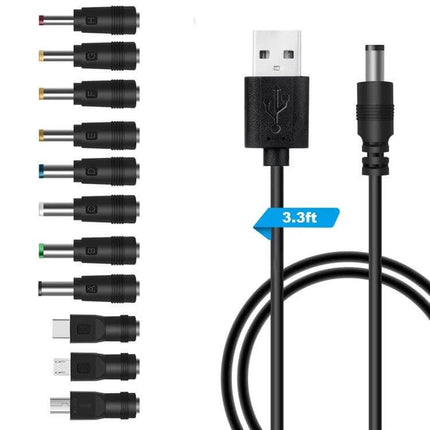 Versatile USB Charging Cable with Multiple Interchangeable Plugs showing USB-A cable and 11 interchangeable connector tips for phones, tablets, cameras