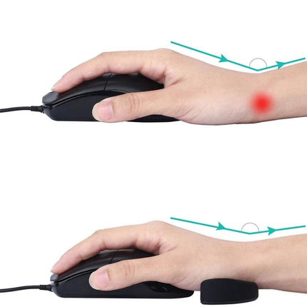 Ergonomic Silicone Wrist Rest for Right-Hand Mouse Use, Black - shows proper wrist alignment using a small black silicone rest to reduce strain