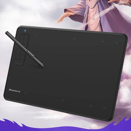 10Moons G12 Drawing Tablet for Mobile Phones and Computers - compact black graphics tablet with stylus and shortcut keys for sketching and editing