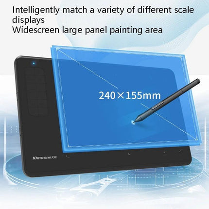 10Moons G12 Drawing Tablet for Mobile Phones and Computers showing 240×155mm widescreen drawing area with stylus and compact design