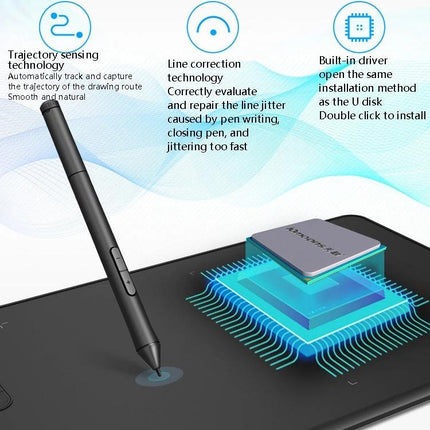 10Moons G12 Drawing Tablet for Mobile Phones and Computers showing pen, tablet surface, and built-in chip diagram