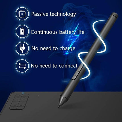 10Moons G12 Drawing Tablet for Mobile Phones and Computers showing stylus features passive technology continuous battery life no charging or connection needed