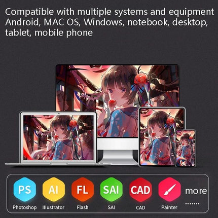 10Moons G12 Drawing Tablet for Mobile Phones and Computers showing compatibility with Android, Mac, Windows on laptop, desktop, tablet, and phone
