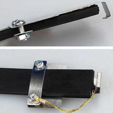 Hanging Grounding Chain for Static Elimination in Cars and SUVs - close-up of metal clamp, rubber strip and grounding wires for vehicle exhaust attachment