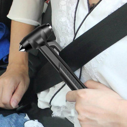Car Emergency Hammer for Window Breaking and Seat Belt Cutting handheld rescue tool in use cutting seatbelt and ready to break car window