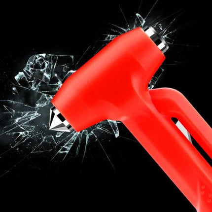 Car Emergency Hammer for Window Breaking and Seat Belt Cutting in red with sharp tip breaking car glass, compact rescue tool for quick escape