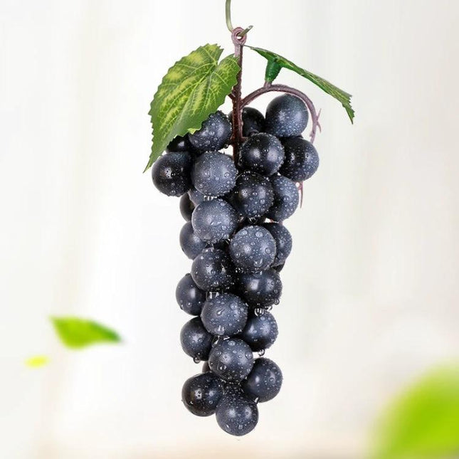Set of Artificial Grape Bunches in Multiple Colors for Decoration - realistic soft-rubber purple grape bunch with leaves and water droplets