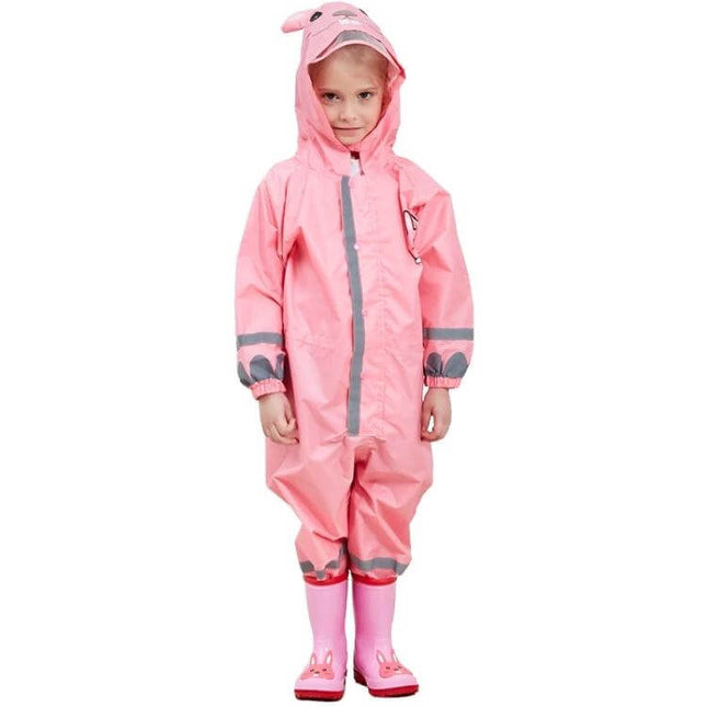 Alt Tag: Children's Lightweight Hooded Rain Poncho in Sizes S, M, L - pink kid wearing hooded waterproof poncho with reflective trim