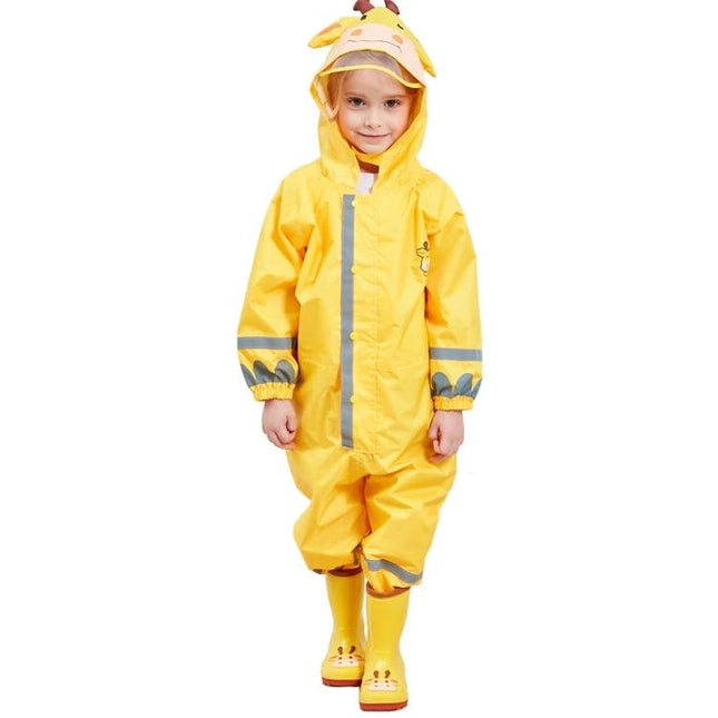 Children's Lightweight Hooded Rain Poncho in Sizes S, M, L - yellow kid wearing hooded waterproof poncho with reflective stripes