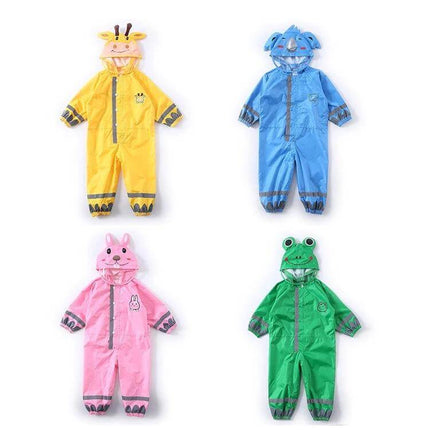 Children's Lightweight Hooded Rain Poncho in Sizes S, M, L - colorful animal-print kids waterproof one-piece rain suit (yellow giraffe, blue elephant, pink bunny, green frog)
