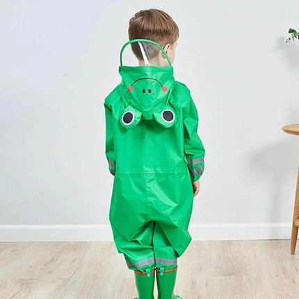 Children's Lightweight Hooded Rain Poncho in Sizes S, M, L - Green frog hooded kids rain poncho back view