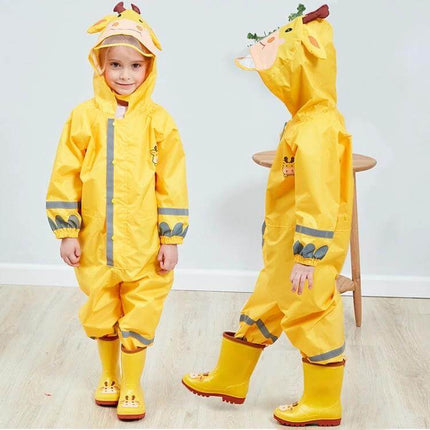 Children's Lightweight Hooded Rain Poncho in Sizes S, M, L - Yellow kids' hooded waterproof poncho with giraffe hood and matching rain boots