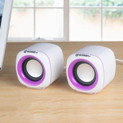 YEEZE Compact USB Desktop Speaker For Laptops And Meetings on desk, compact white-purple twin speakers for calls and travel