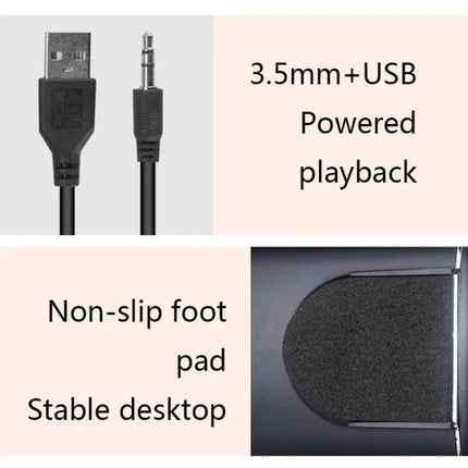 YEEZE Compact USB Desktop Speaker For Laptops And Meetings showing 3.5mm+USB cable and non-slip foot pad for stable desktop