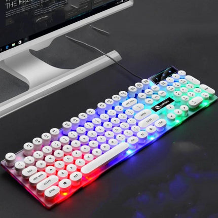 LIMEIDE GTX300 Wired Keyboard and Mouse Set with Retro Key Caps showing white retro keycaps and RGB backlight on desktop