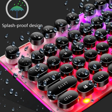 LIMEIDE GTX300 Wired Keyboard and Mouse Set with Retro Key Caps showing splash-proof retro round keycaps with RGB backlight and water droplets