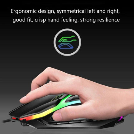 LIMEIDE GTX300 Wired Keyboard and Mouse Set with Retro Key Caps ergonomic RGB wired gaming mouse held in hand showing one-key backlight control