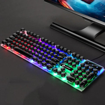 LIMEIDE GTX300 Wired Keyboard and Mouse Set with Retro Key Caps showing RGB backlit round keycaps and one-key backlight control for gaming and typing