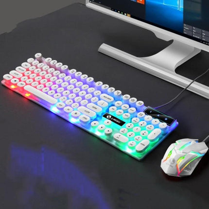 LIMEIDE GTX300 Wired Keyboard and Mouse Set with Retro Key Caps on desk with RGB backlight and wired gaming mouse