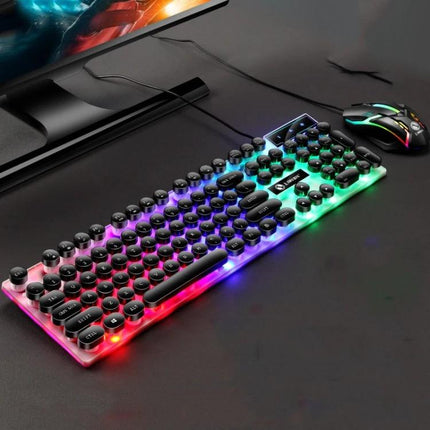 LIMEIDE GTX300 Wired Keyboard and Mouse Set with Retro Key Caps showing RGB backlit round-key keyboard and wired gaming mouse on desk